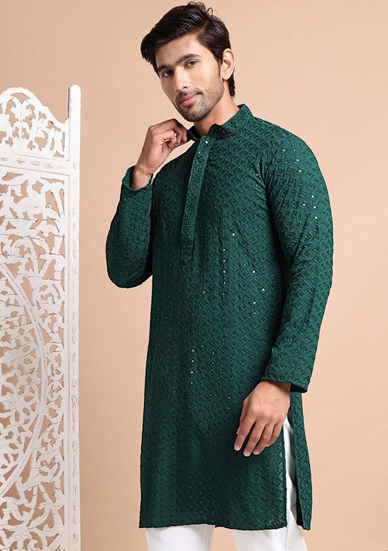 Olive Embroidered Viscose Kurta For Men - Indya