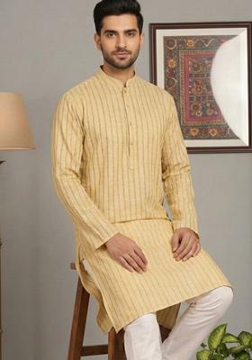 Beige Striped Cotton Kurta For Men
