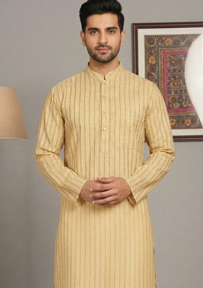 Beige Striped Cotton Kurta For Men - Indya