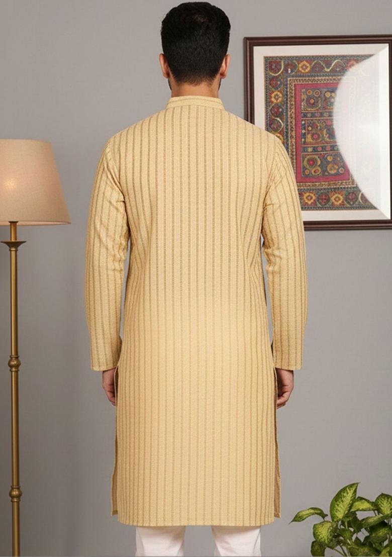 Beige Striped Cotton Kurta For Men - Indya