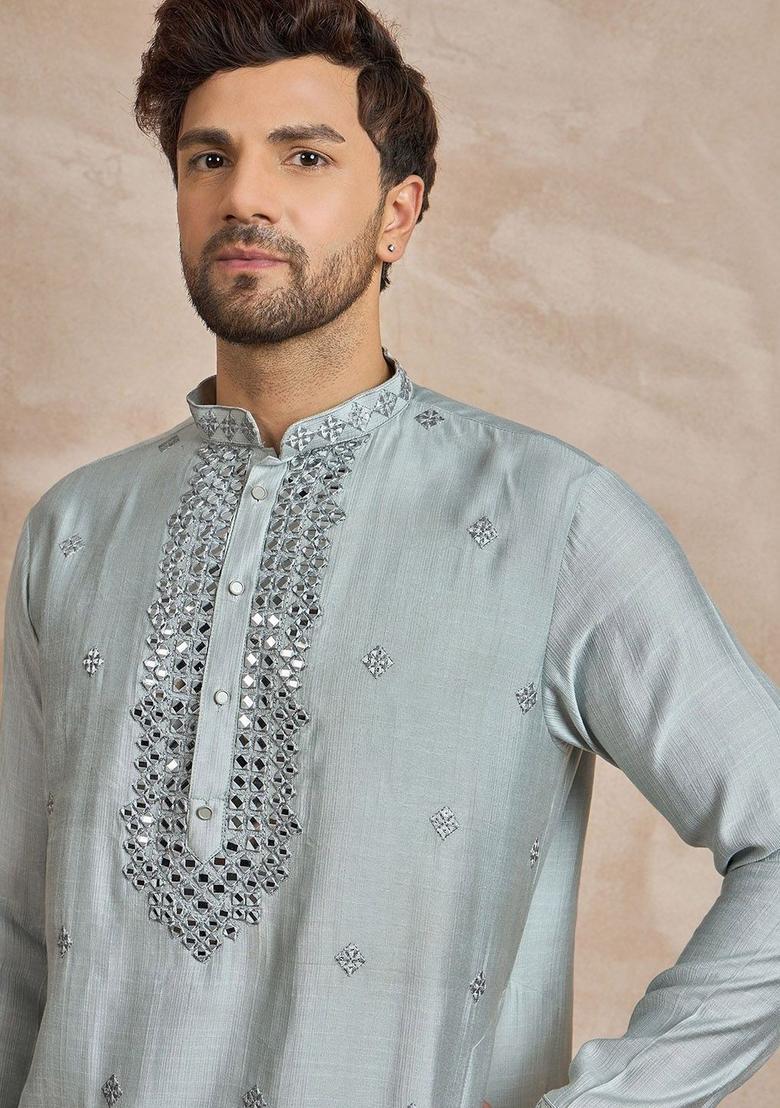 Grey Embroidered Viscose Kurta For Men - Indya