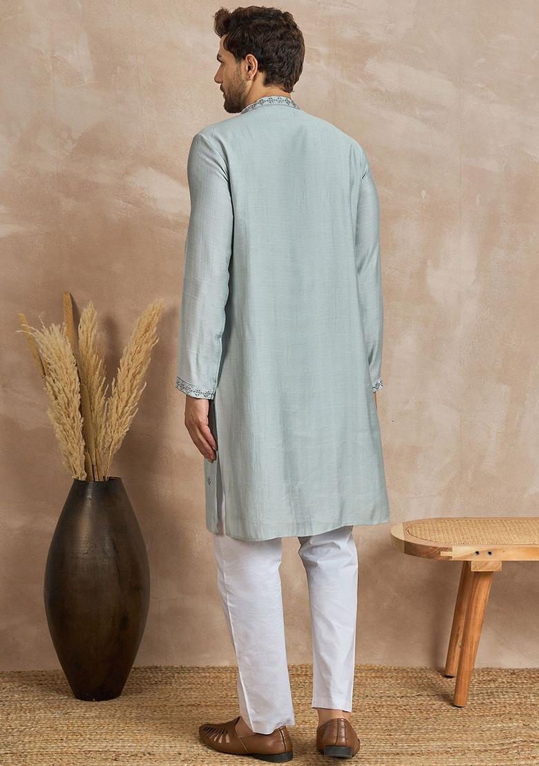 Grey Embroidered Viscose Kurta For Men - Indya