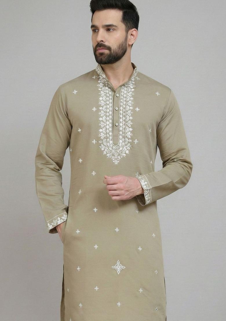 Brown Embroidered Silk Kurta For Men - Indya