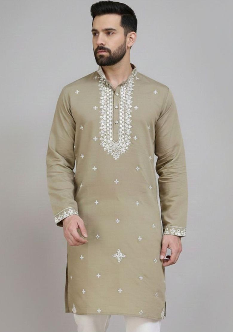 Brown Embroidered Silk Kurta For Men - Indya