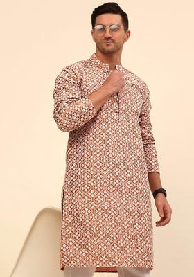 Peach Embroidered Silk Kurta For Men