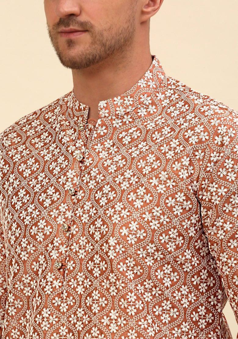Peach Embroidered Silk Kurta For Men - Indya