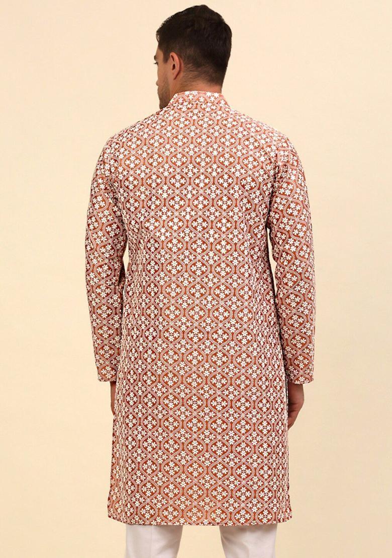 Peach Embroidered Silk Kurta For Men - Indya