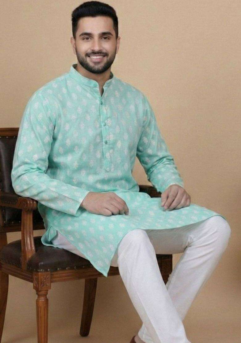 Green Printed Cotton Kurta For Men - Indya