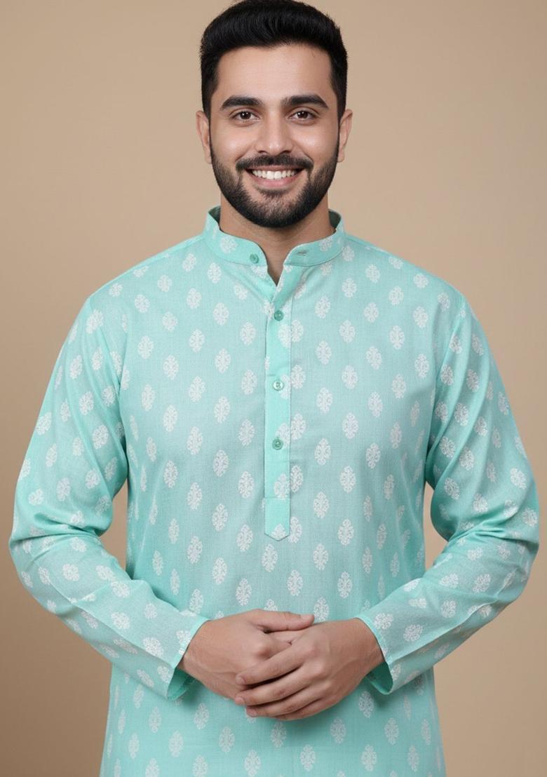 Green Printed Cotton Kurta For Men - Indya
