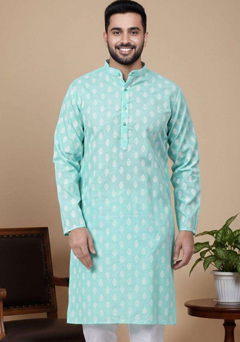 Green Printed Cotton Kurta For Men - Indya