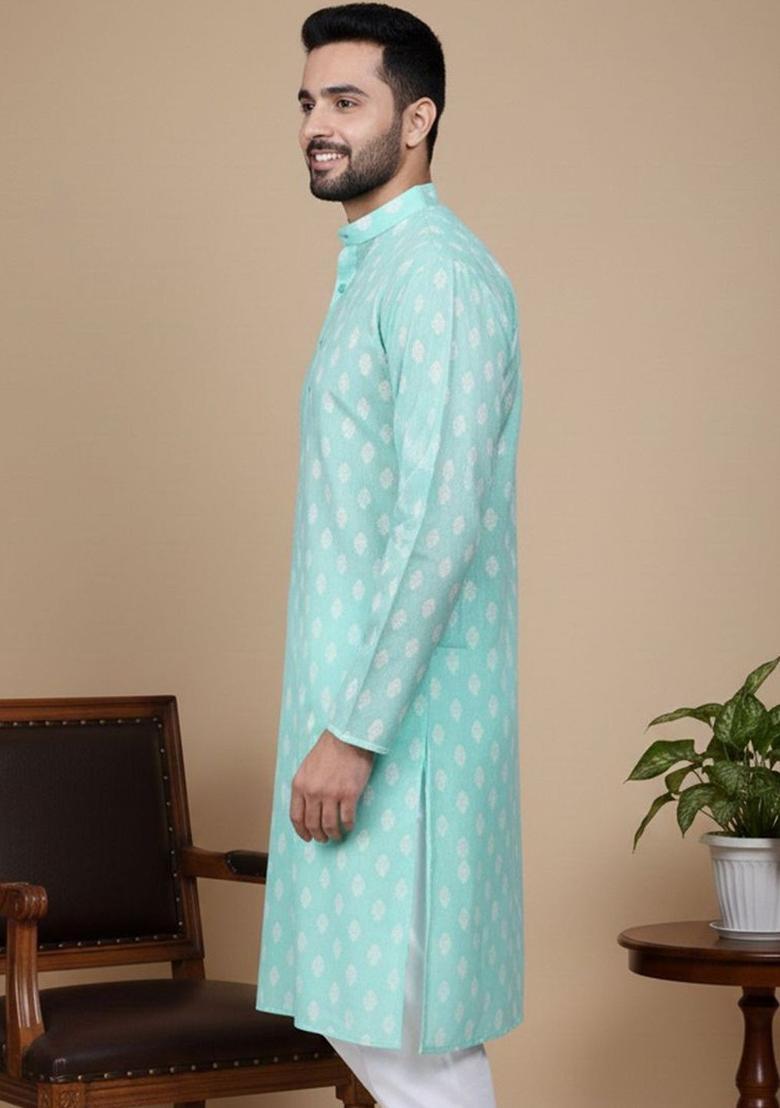 Green Printed Cotton Kurta For Men - Indya