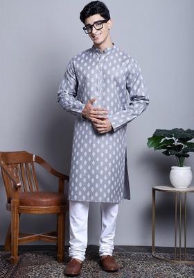 Grey Woven Design Cotton Kurta For Men