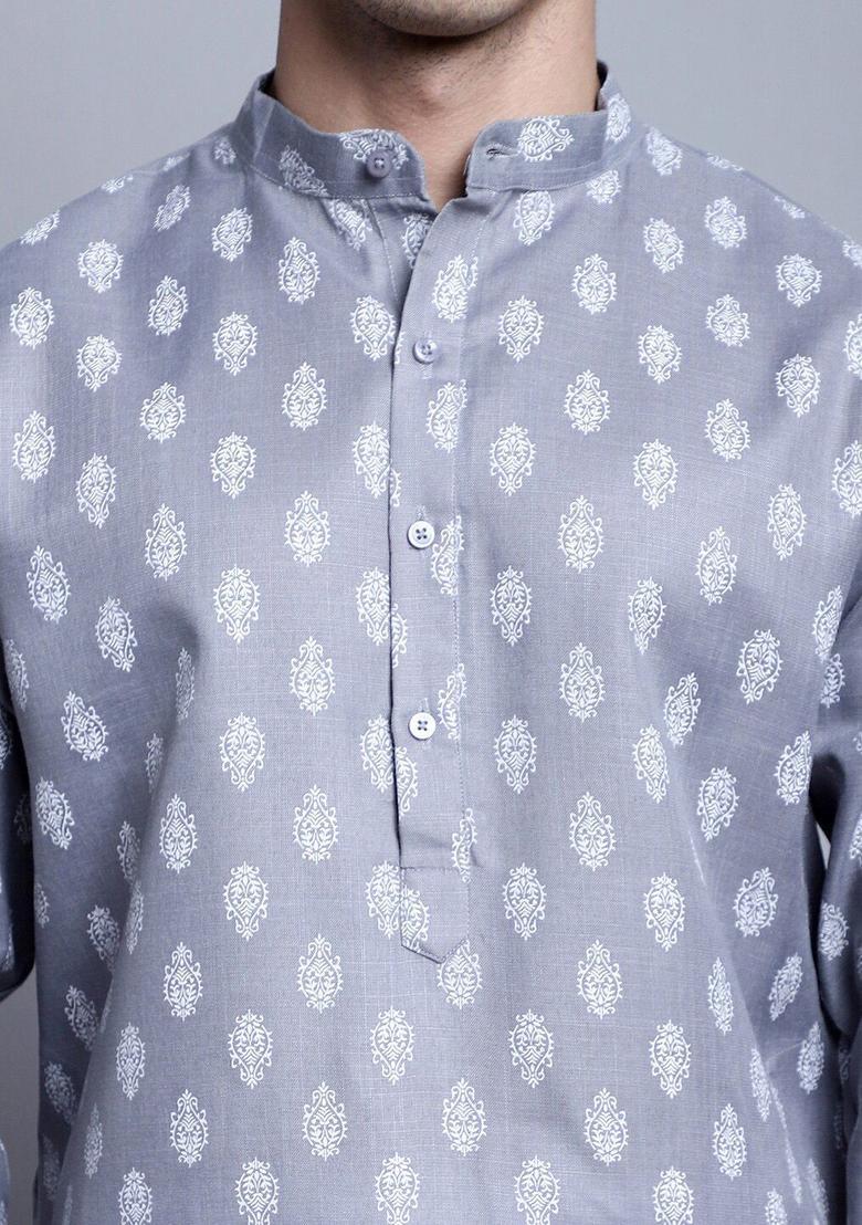 Grey Woven Design Cotton Kurta For Men - Indya