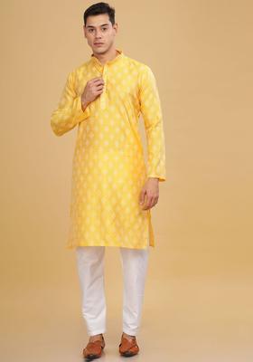 Yellow Woven Design Cotton Kurta For Men