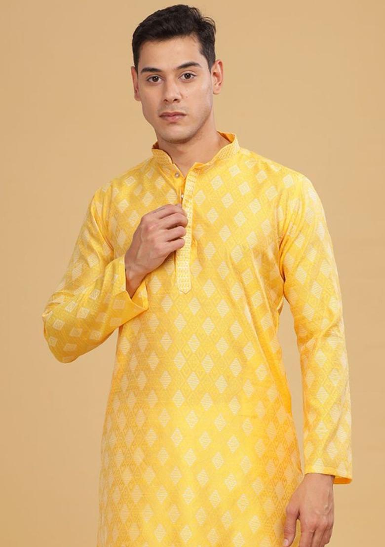 Yellow Woven Design Cotton Kurta For Men - Indya