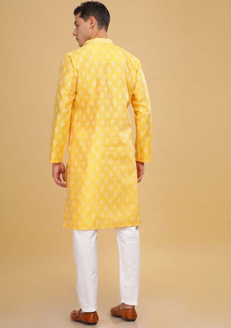 Yellow Woven Design Cotton Kurta For Men - Indya