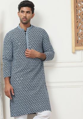 Grey Embroidered Viscose Kurta For Men