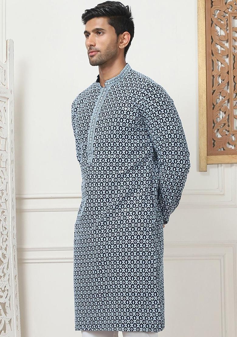 Grey Embroidered Viscose Kurta For Men - Indya