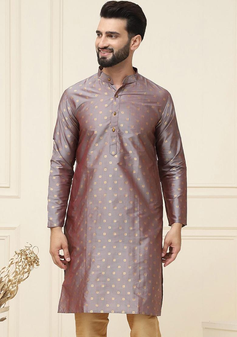 Grey Woven Design Silk Kurta For Men - Indya