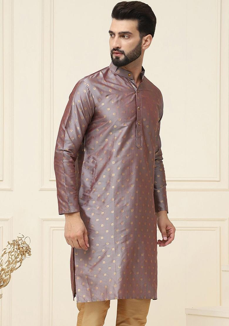 Grey Woven Design Silk Kurta For Men - Indya