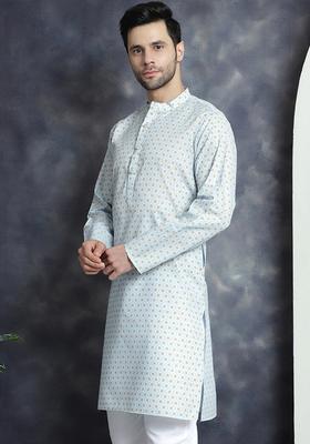 Blue Woven Design Cotton Kurta For Men