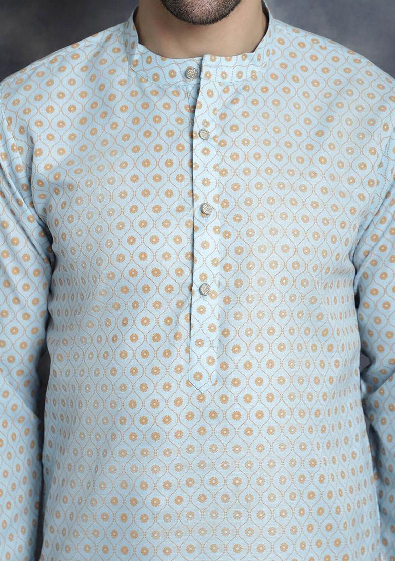 Blue Woven Design Cotton Kurta For Men - Indya