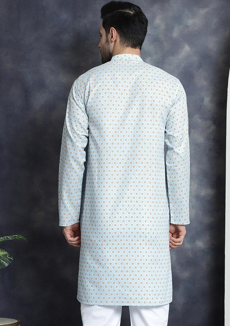 Blue Woven Design Cotton Kurta For Men - Indya