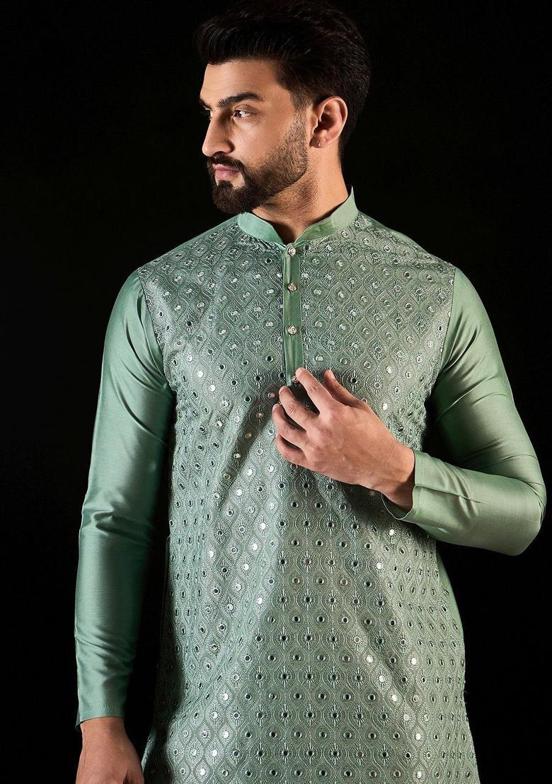 Green Embroidered Silk Kurta For Men - Indya