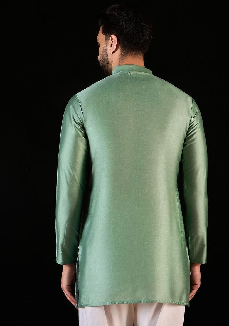 Green Embroidered Silk Kurta For Men - Indya