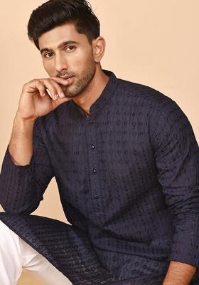 Purple Embroidered Cotton Kurta For Men