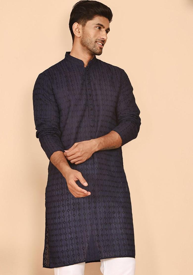 Purple Embroidered Cotton Kurta For Men - Indya