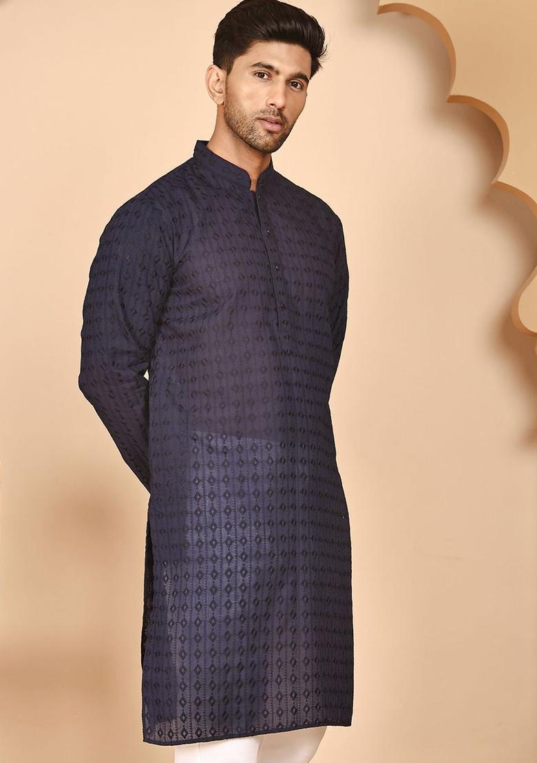 Purple Embroidered Cotton Kurta For Men - Indya