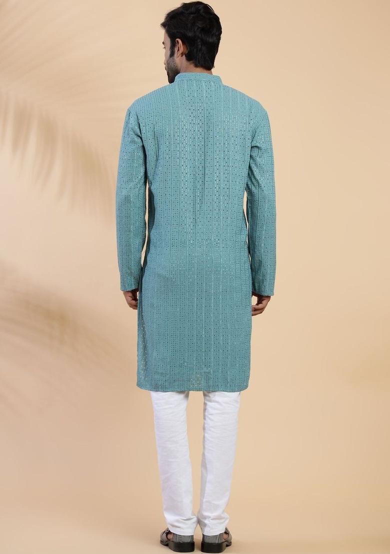 Blue Embroidered Cotton Kurta For Men - Indya