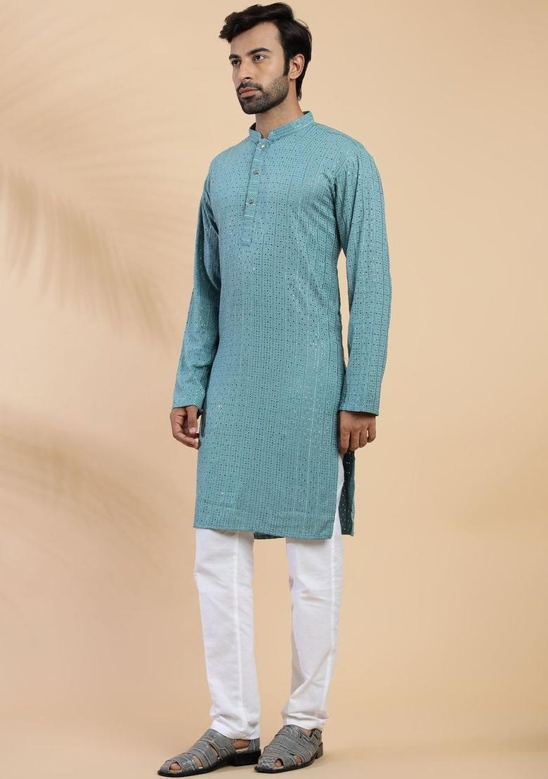 Blue Embroidered Cotton Kurta For Men - Indya