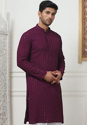 Purple Woven Design Viscose Kurta For Men