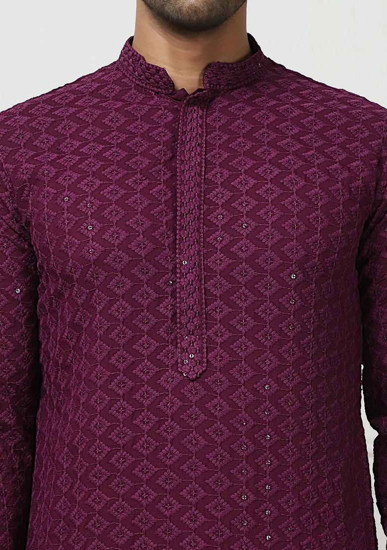 Purple Woven Design Viscose Kurta For Men - Indya