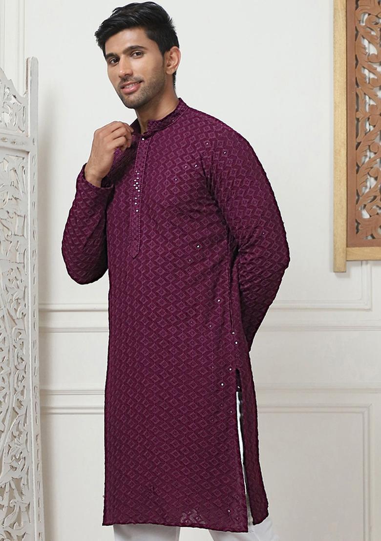 Purple Woven Design Viscose Kurta For Men - Indya