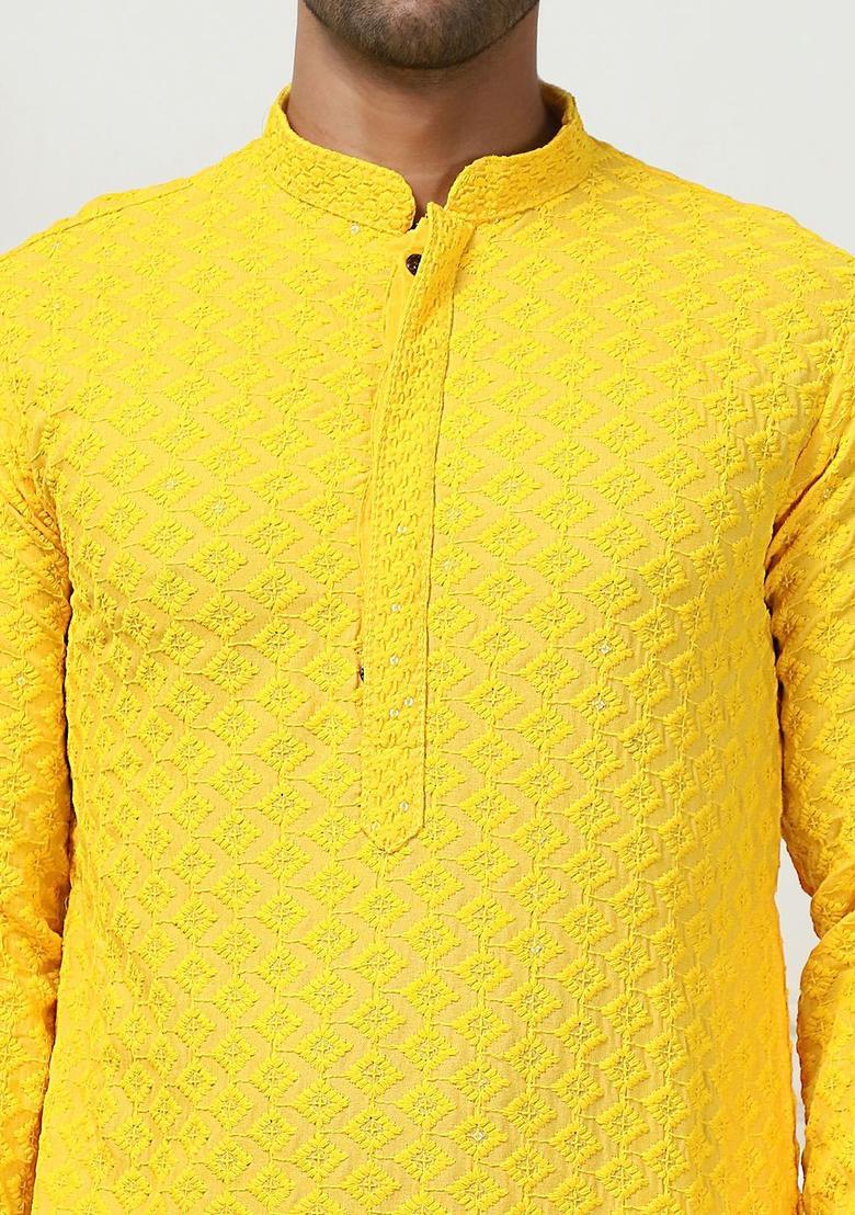 Yellow Embroidered Cotton Kurta For Men - Indya