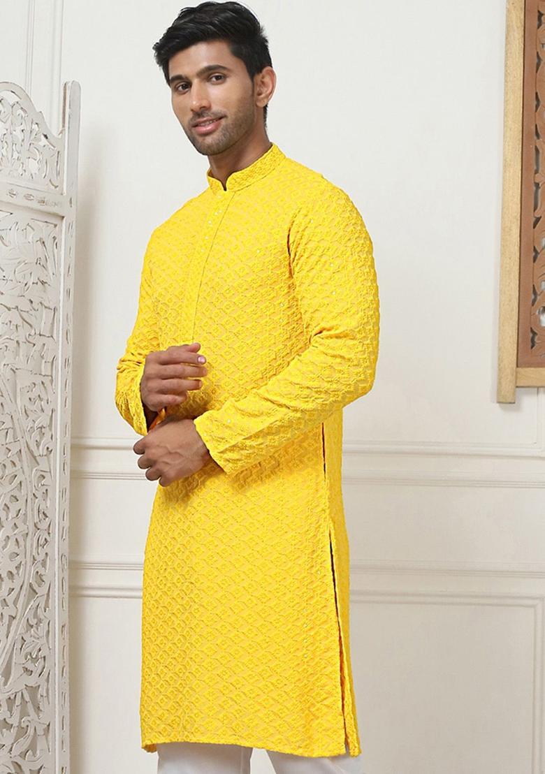 Yellow Embroidered Cotton Kurta For Men - Indya