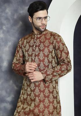Maroon Woven Design Silk Kurta For Men