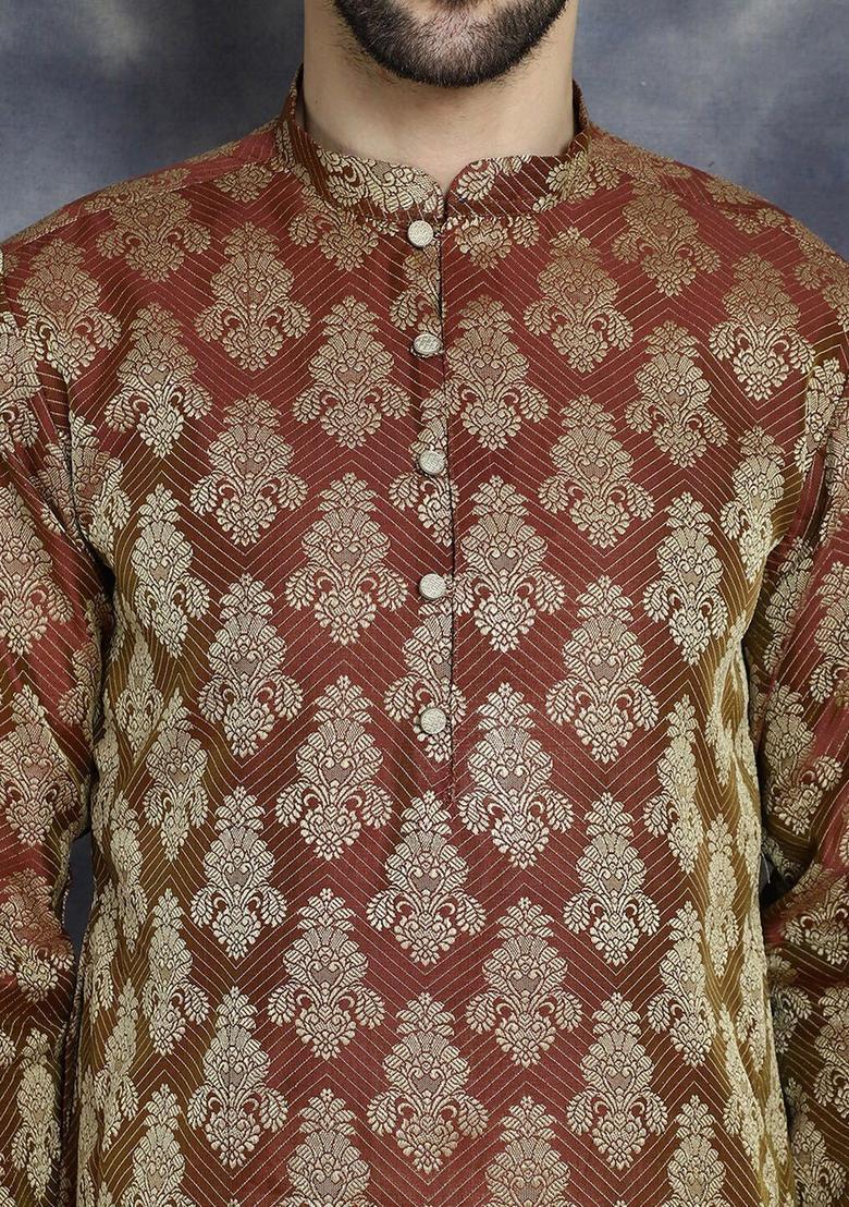 Maroon Woven Design Silk Kurta For Men - Indya