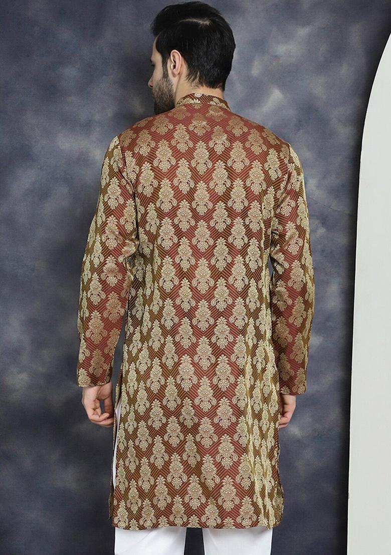 Maroon Woven Design Silk Kurta For Men - Indya