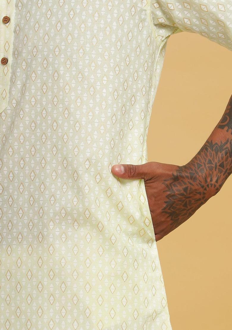 Yellow Printed Cotton Kurta For Men - Indya