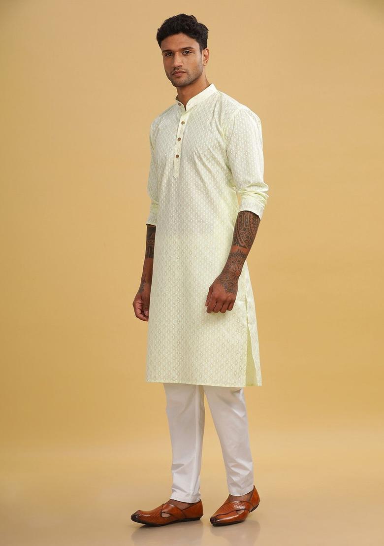 Yellow Printed Cotton Kurta For Men - Indya