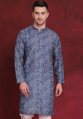 Blue Woven Design Cotton Kurta For Men