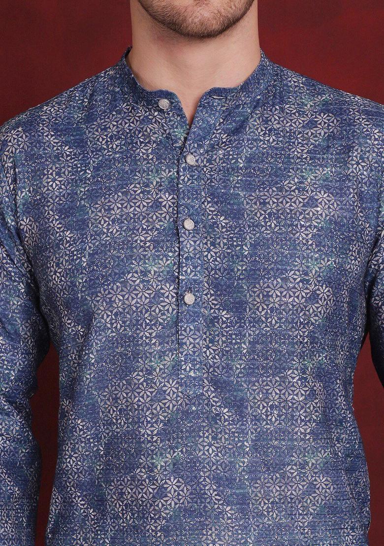 Blue Woven Design Cotton Kurta For Men - Indya