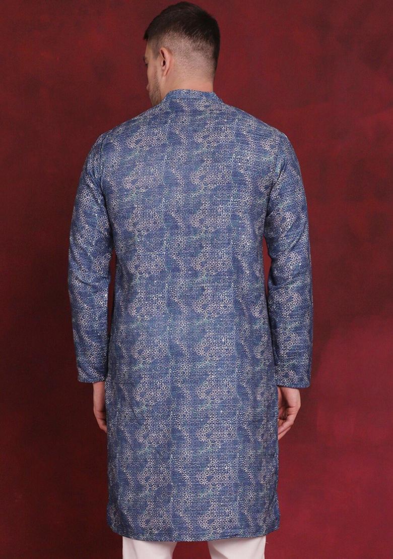 Blue Woven Design Cotton Kurta For Men - Indya