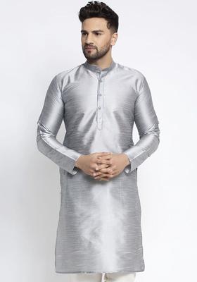 Silver Solid Silk Kurta For Men
