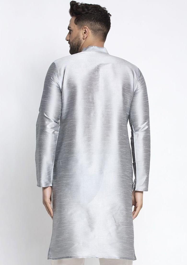 Silver Solid Silk Kurta For Men - Indya