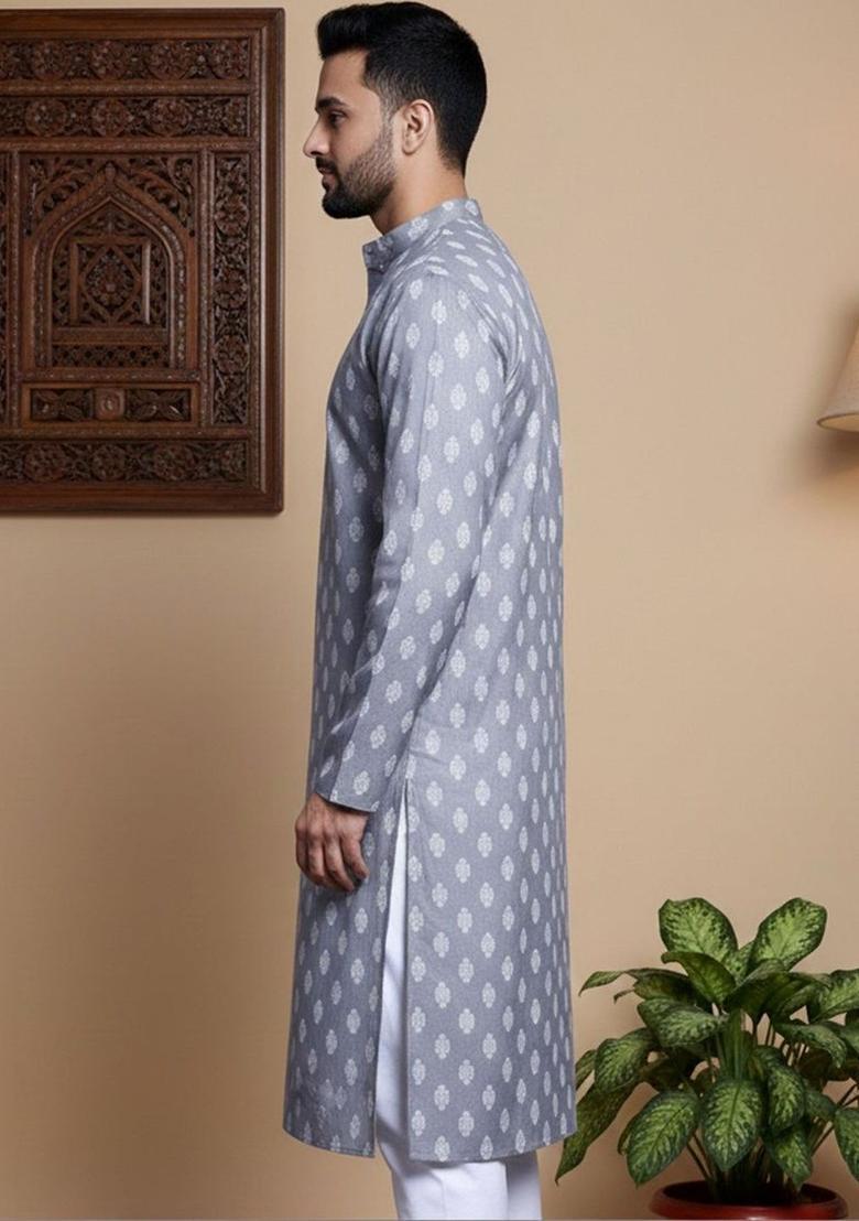Grey Printed Cotton Kurta For Men - Indya